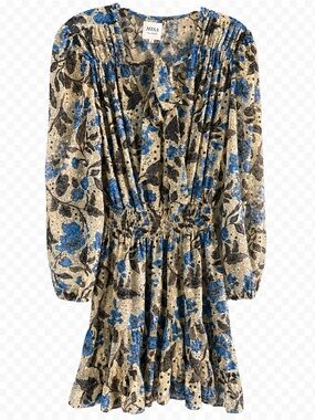 MISA Los Angeles Floral Chiffon Smocked Waist Tie Neck Dress L